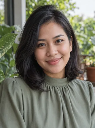 Maya, karakter dewasa fiktif dengan ekspresi ramah